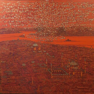 Devrim Erbil 130x130 cm ''İstanbul Eski Yarımada ve Kuşlar Kırmızı'' tual üzerine yağlıboya.jpg