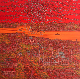 Devrim Erbil ‘İstanbul Ve Kuşlar, Kırmızı ‘ Tuval üzerine yağlıboya 125 x 125 cm 2021.JPG