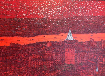 Devrim Erbil 130x180 cm ''İstanbul ve Galata Kırmızının Kuşları'' Tual Üzerine yağlıboya.jpg