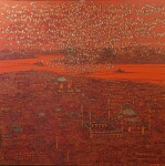 Devrim Erbil 130x130 cm ''İstanbul Eski Yarımada ve Kuşlar Kırmızı'' tual üzerine yağlıboya.jpg