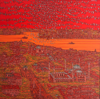 Devrim Erbil ‘İstanbul Ve Kuşlar, Kırmızı ‘ Tuval üzerine yağlıboya 125 x 125 cm 2021.JPG