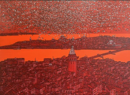 DEVRİM ERBİL - 'İstanbul, Galata Kules i'nde Kuslar' 130x180cm. Tuyb. 2017.jpg