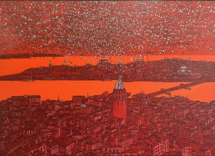 DEVRİM ERBİL - 'İstanbul, Galata Kules i'nde Kuslar' 130x180cm. Tuyb. 2017.jpg