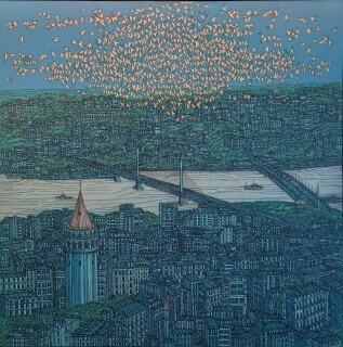 Devrim Erbil - 'Galata'da Kuslar' 150x1 50cm. Tuval üzerine yağlıboya, 2024.jpg